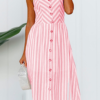 Casual Striped Patchwork Solid Pocket Buckle Waist Skirt Dresses