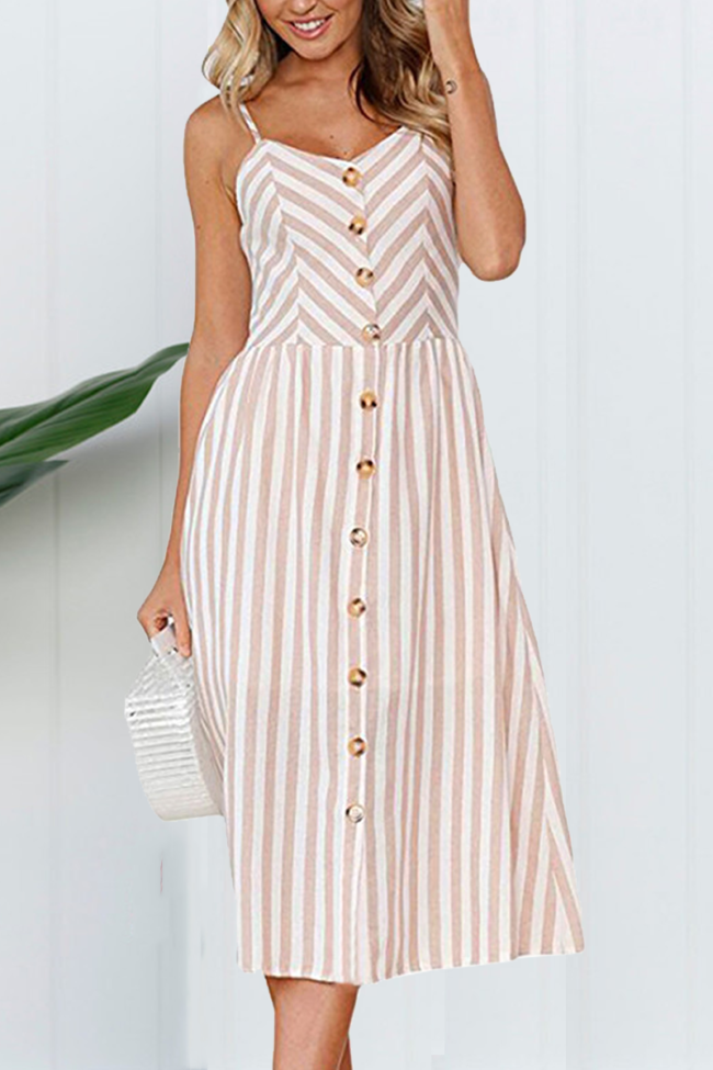 Casual Striped Patchwork Solid Pocket Buckle Waist Skirt Dresses