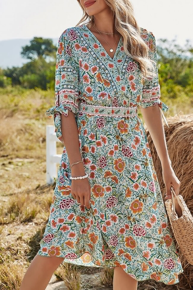 Fashion Casual Print Split Joint V Neck A Line Dresses