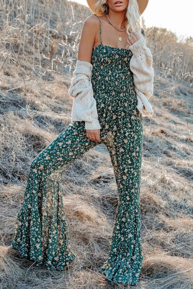 Living Print Split Joint Spaghetti Strap Boot Cut Jumpsuits