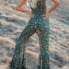 Living Print Split Joint Spaghetti Strap Boot Cut Jumpsuits