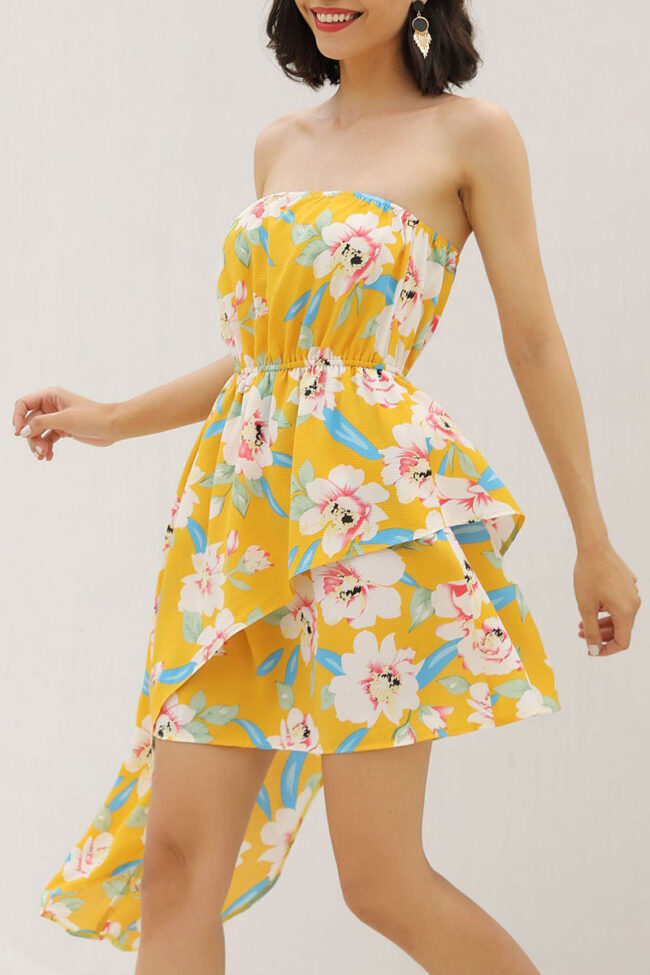 Fashion Street Print Split Joint Strapless Irregular Dresses