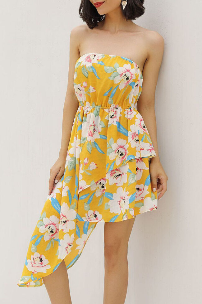 Fashion Street Print Split Joint Strapless Irregular Dresses