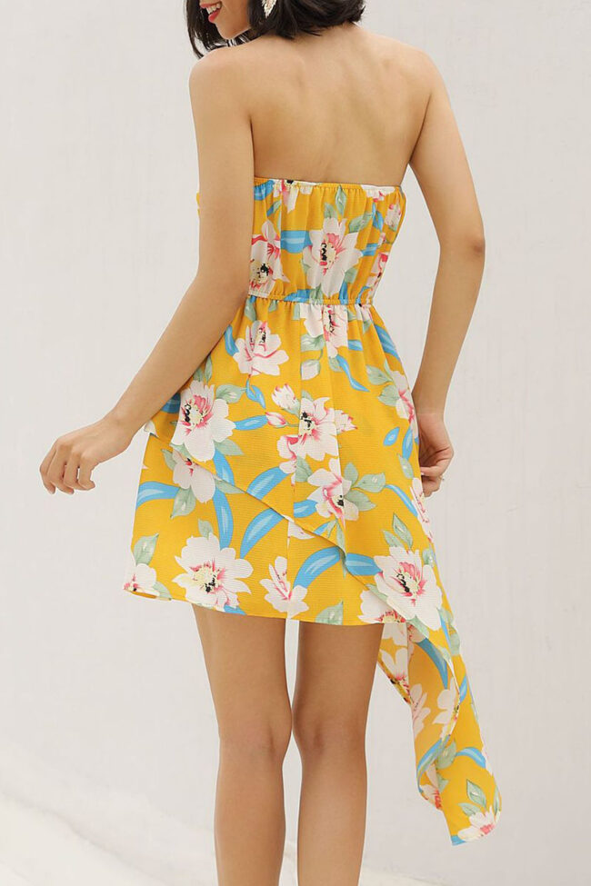 Fashion Street Print Split Joint Strapless Irregular Dresses