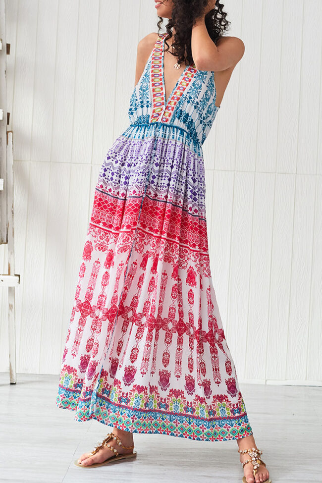 Fashion Bohemian Print Split Joint V Neck Waist Skirt Dresses