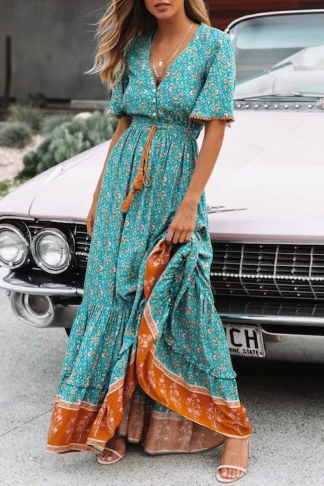 Fashion Elegant Print Split Joint V Neck Printed Dresses