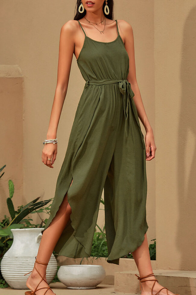 Casual Solid Slit Asymmetrical Spaghetti Strap Loose Jumpsuits