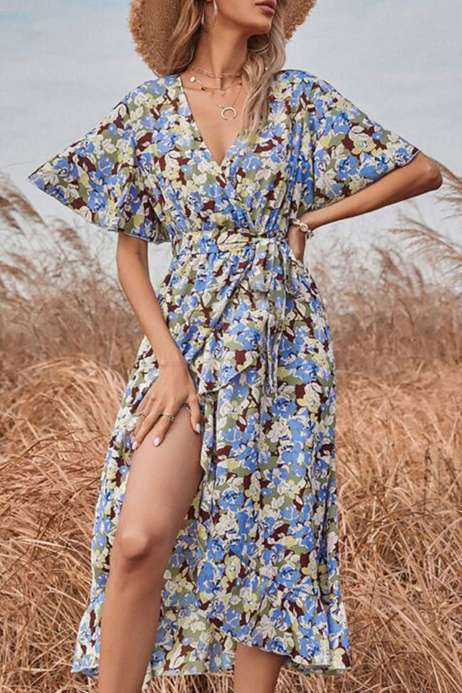 Fashion Elegant Print Split Joint V Neck Irregular Dresses