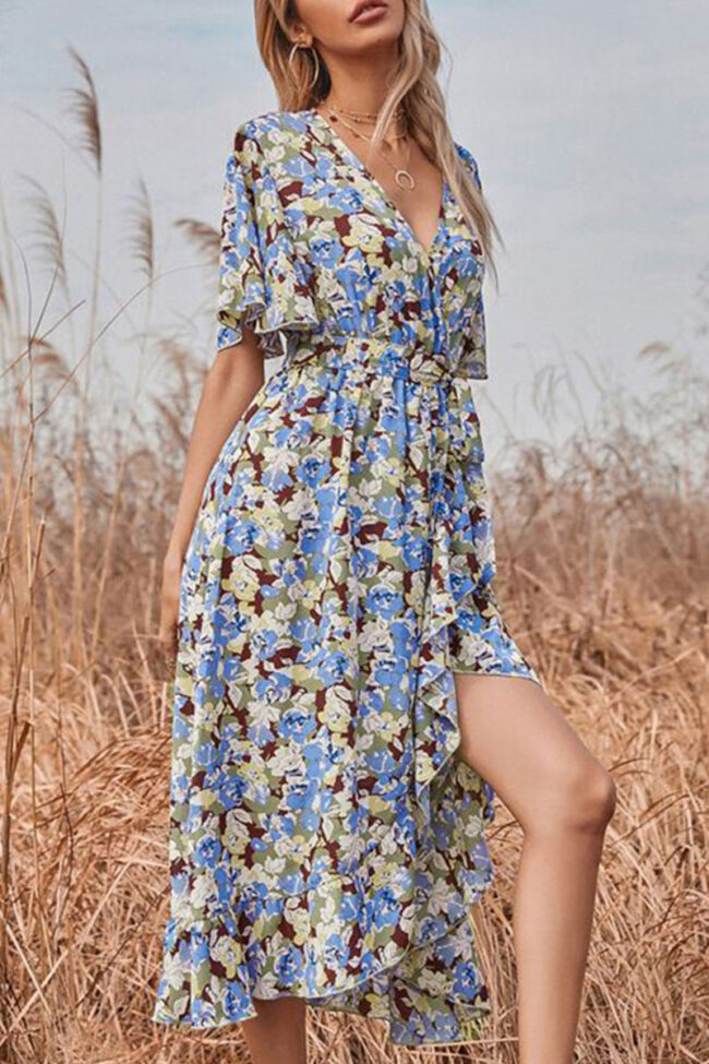 Fashion Elegant Print Split Joint V Neck Irregular Dresses