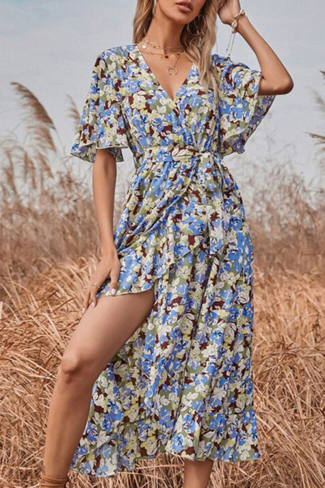 Fashion Elegant Print Split Joint V Neck Irregular Dresses