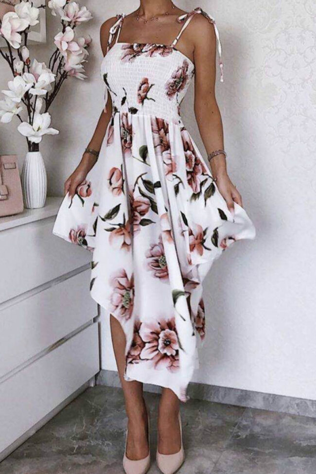 Bohemian Print Split Joint Spaghetti Strap Irregular Dresses