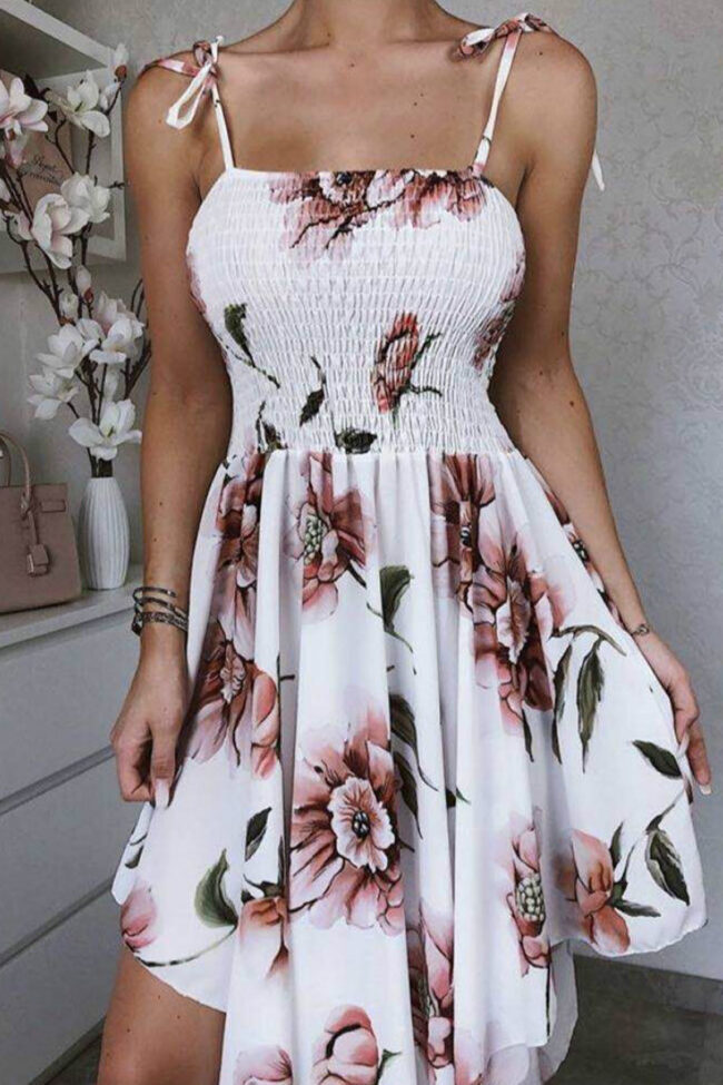 Bohemian Print Split Joint Spaghetti Strap Irregular Dresses