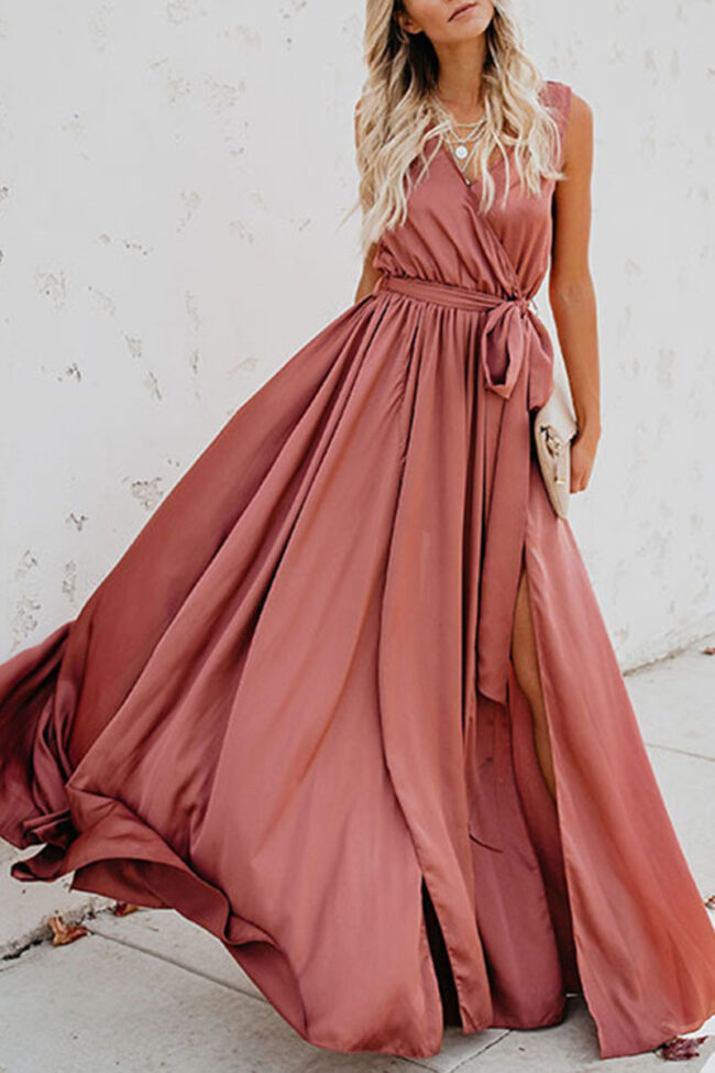 Fashion Street Solid Slit V Neck Waist Skirt Dresses