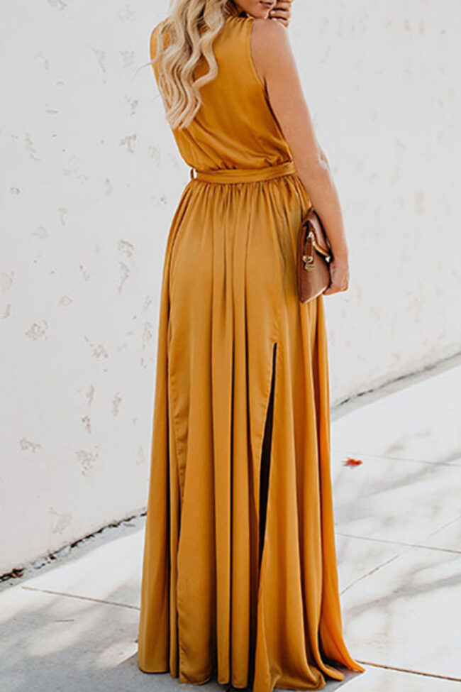 Fashion Street Solid Slit V Neck Waist Skirt Dresses