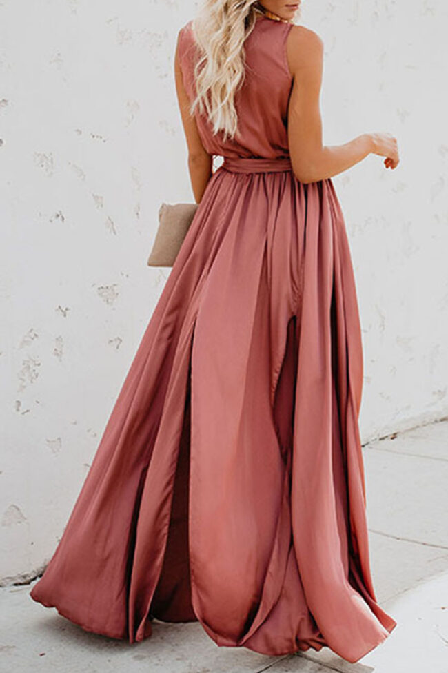 Fashion Street Solid Slit V Neck Waist Skirt Dresses