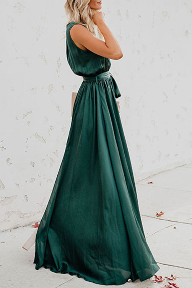 Fashion Street Solid Slit V Neck Waist Skirt Dresses