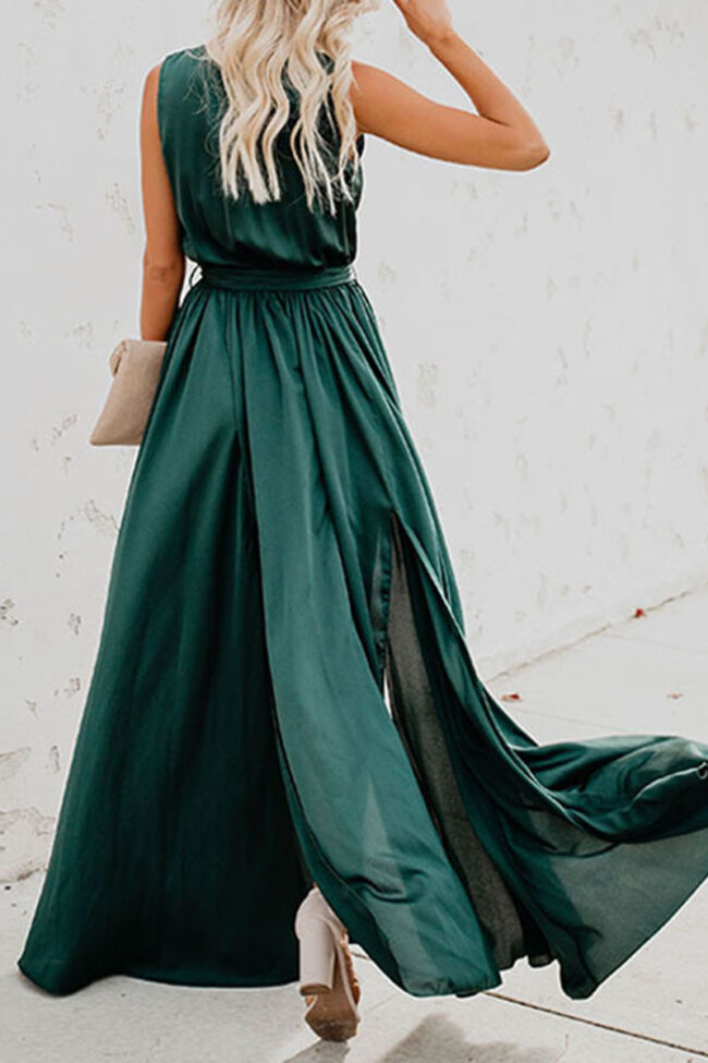 Fashion Street Solid Slit V Neck Waist Skirt Dresses