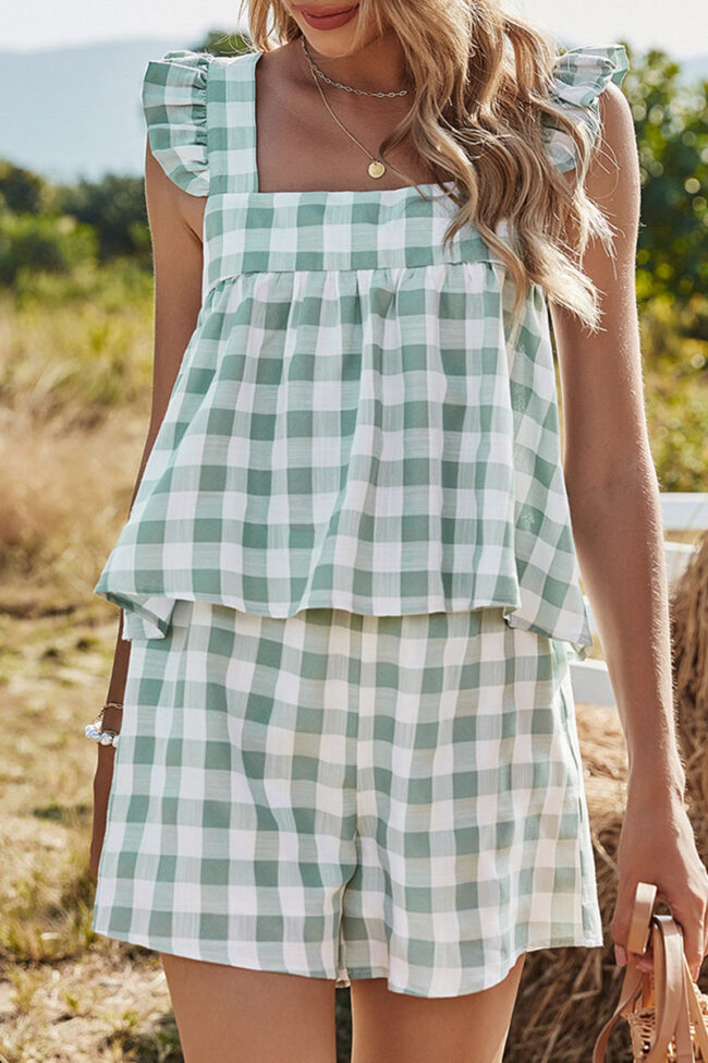 Sweet Plaid Split Joint Square Collar Sleeveless Two Pieces