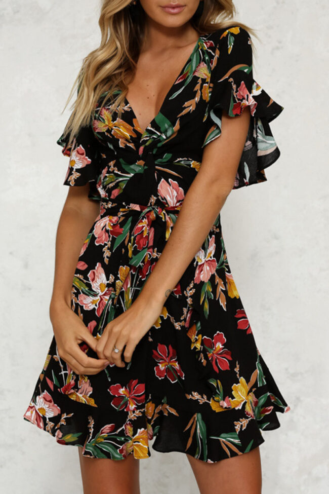 Fashion Casual Print Split Joint V Neck A Line Dresses