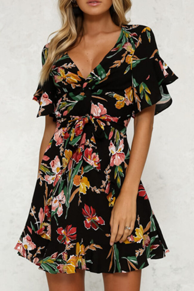 Fashion Casual Print Split Joint V Neck A Line Dresses