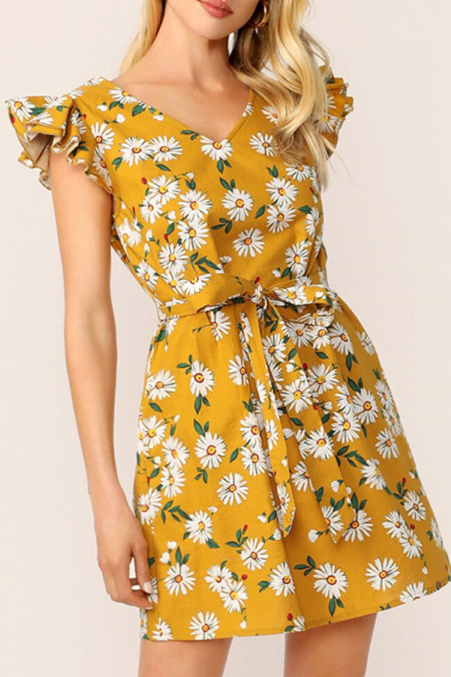 Fashion Street Print Split Joint V Neck A Line Dresses