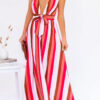 Fashion Living Striped Backless V Neck Waist Skirt Dresses