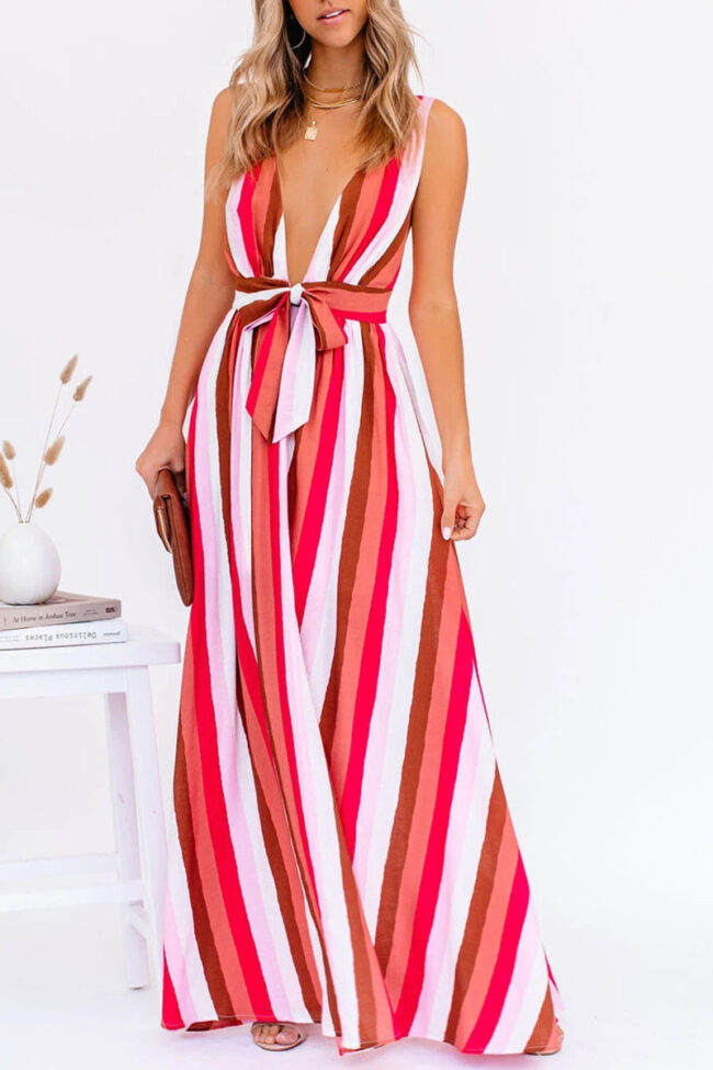 Fashion Living Striped Backless V Neck Waist Skirt Dresses