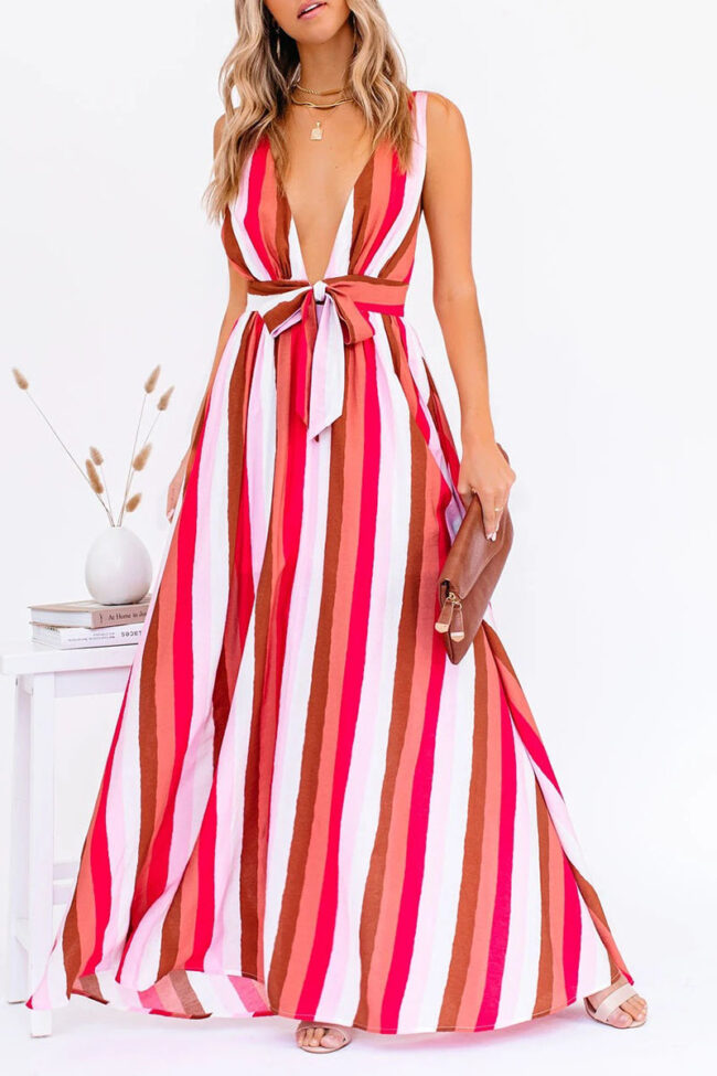 Fashion Living Striped Backless V Neck Waist Skirt Dresses