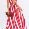 Fashion Living Striped Backless V Neck Waist Skirt Dresses