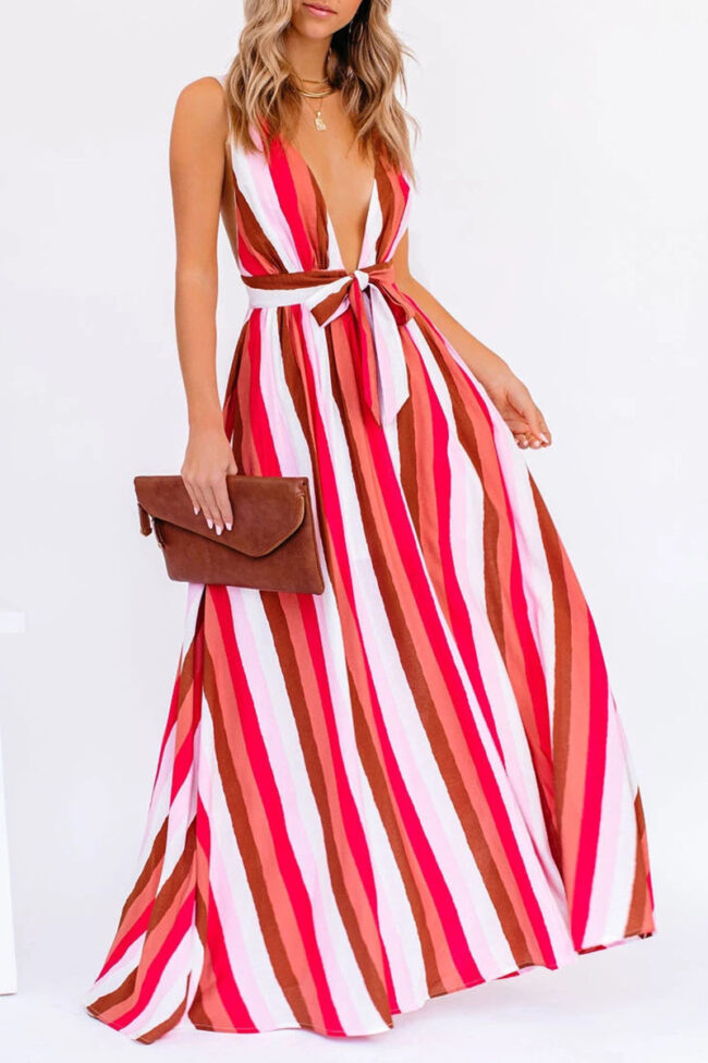 Fashion Living Striped Backless V Neck Waist Skirt Dresses