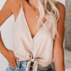 Sexy Solid Buckle Knotted V Neck T-Shirts