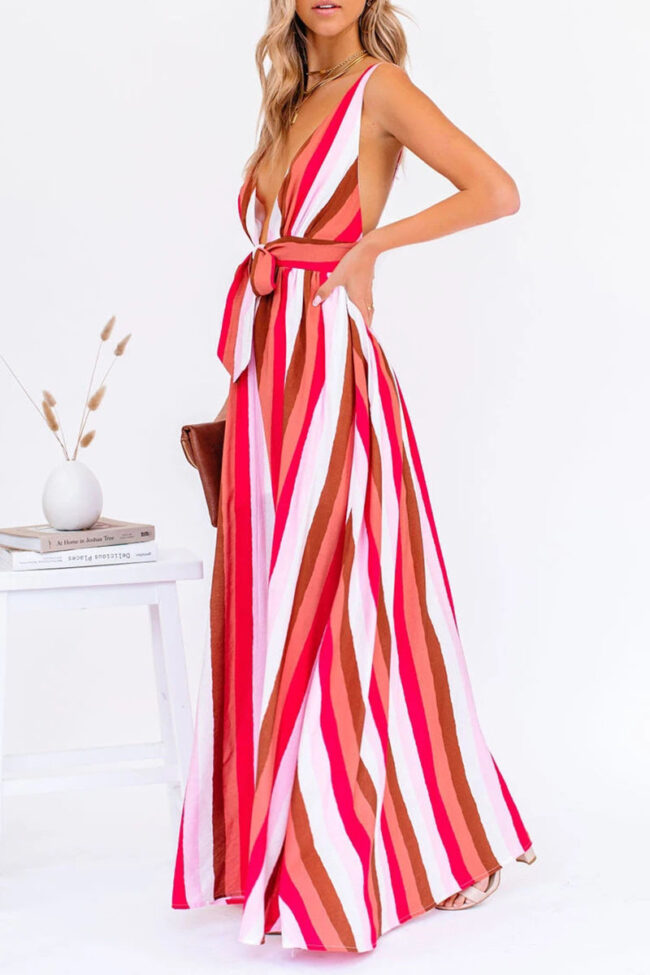 Fashion Living Striped Backless V Neck Waist Skirt Dresses