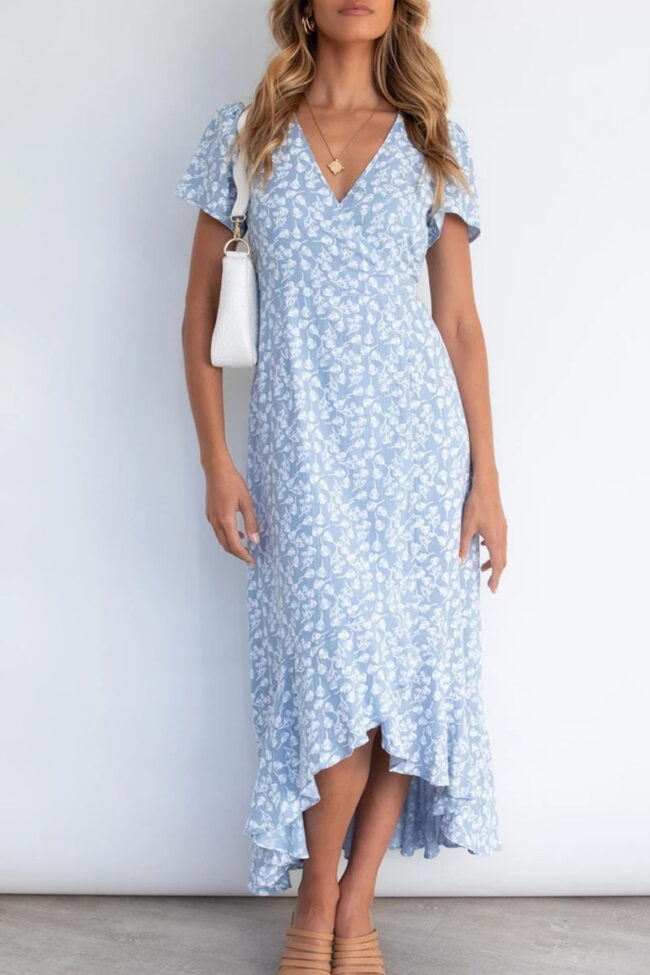 Fashion Street Print Split Joint V Neck Irregular Dresses