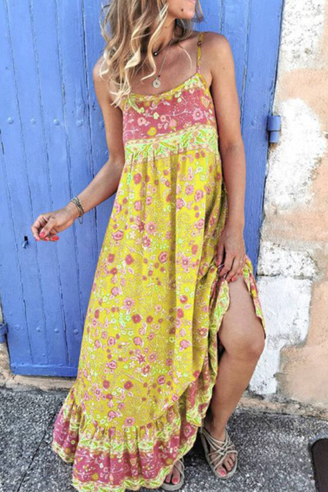 Bohemian Print Split Joint Spaghetti Strap Printed Dresses