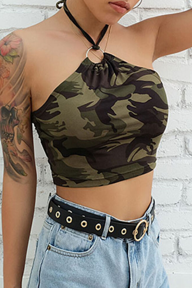 Fashion Casual Camouflage Print Backless Halter Tops