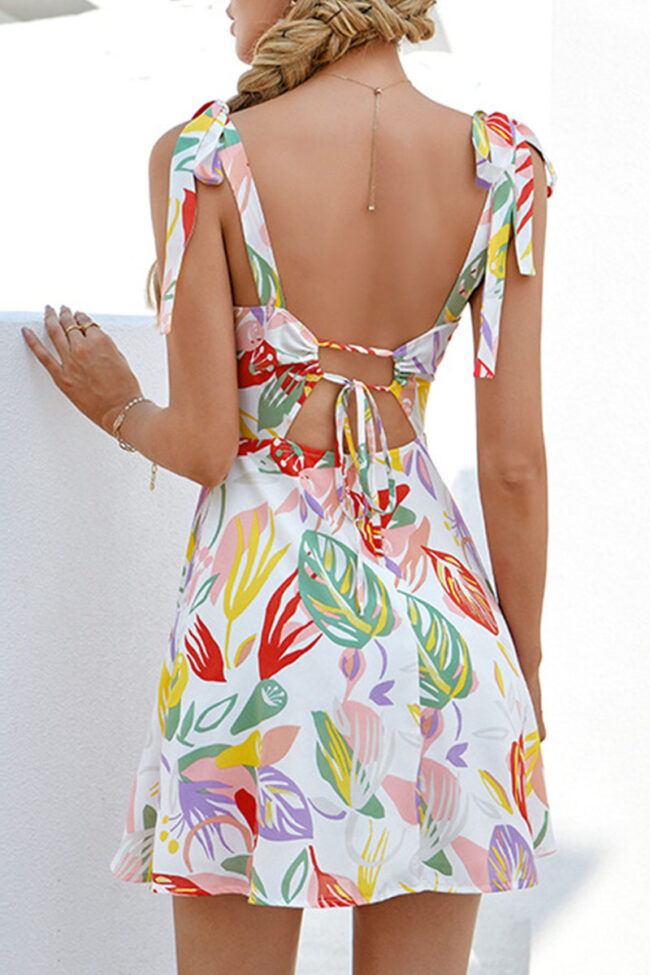 Fashion Street Print Split Joint Backless V Neck A Line Dresses