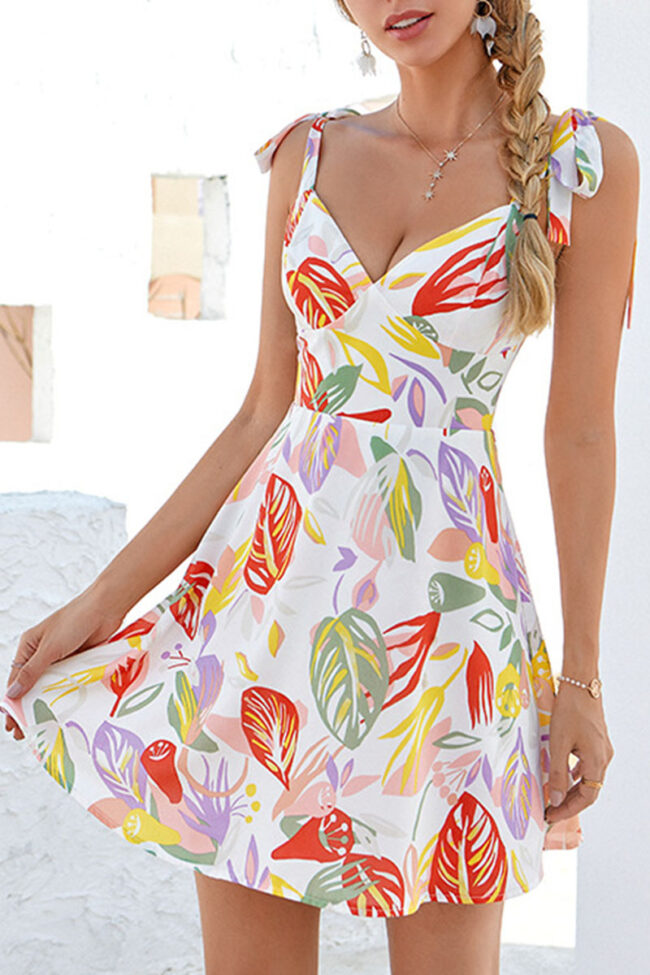 Fashion Street Print Split Joint Backless V Neck A Line Dresses