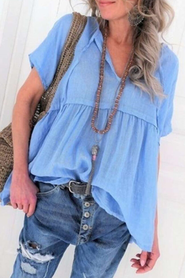 Fashion Casual Solid Split Joint V Neck Tops