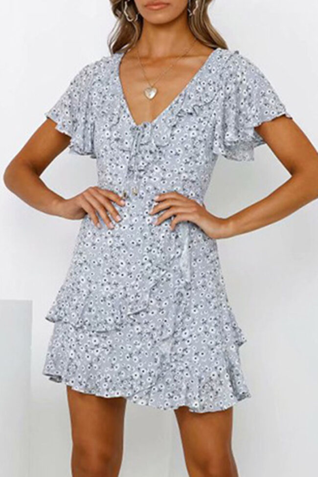 Fashion Elegant Print Split Joint V Neck A Line Dresses