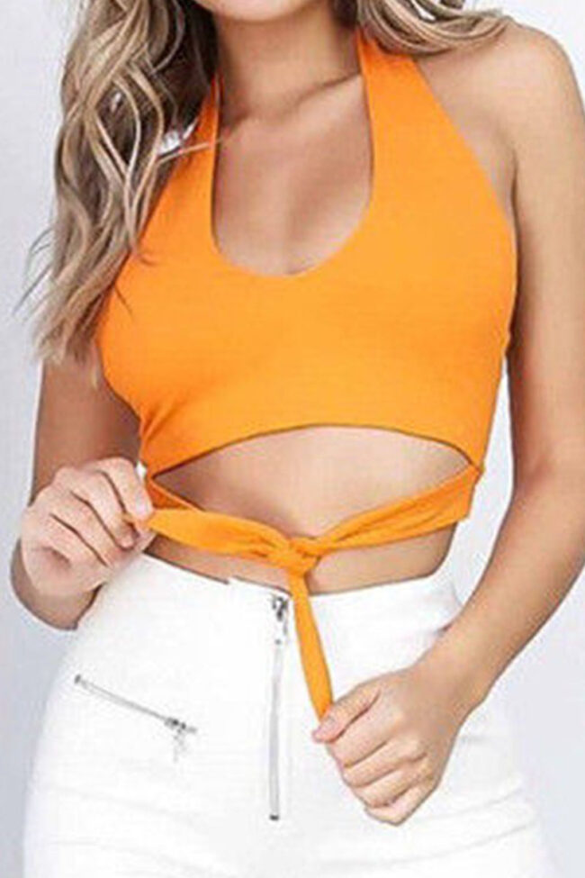 Fashion Street Solid Hollowed Out Halter Tops