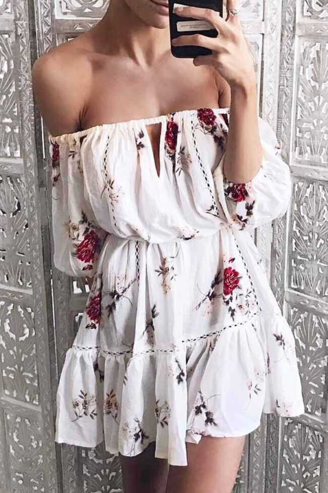 Fashion Street Print Split Joint Off the Shoulder A Line Dresses