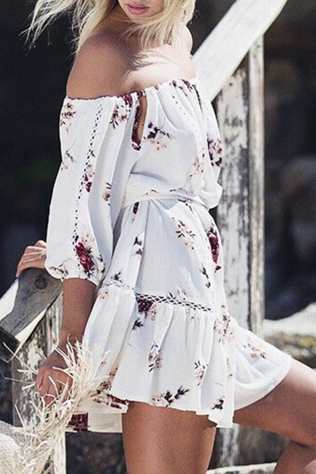 Fashion Street Print Split Joint Off the Shoulder A Line Dresses