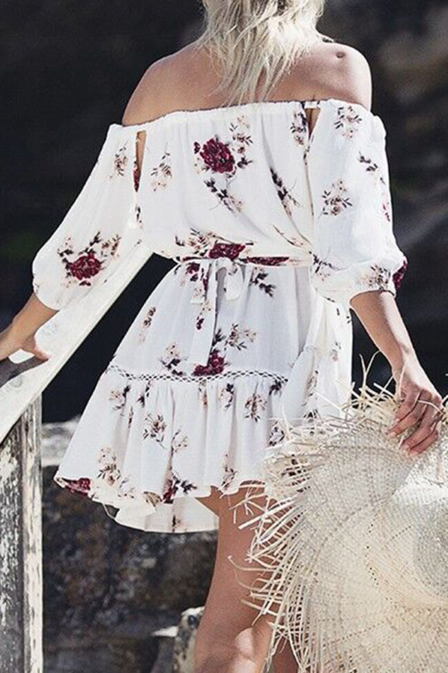 Fashion Street Print Split Joint Off the Shoulder A Line Dresses