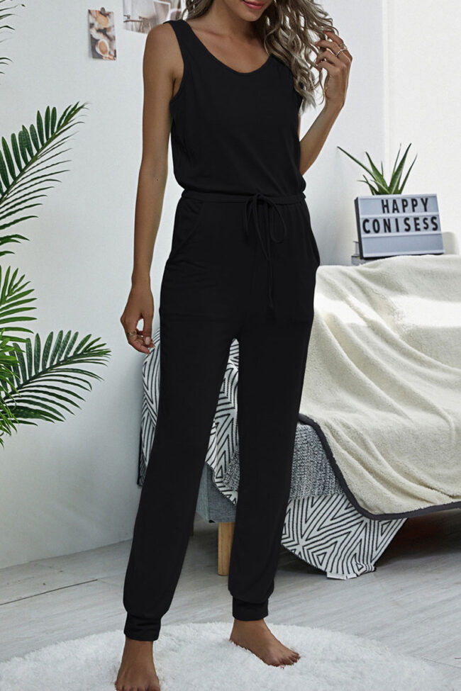 Fashion Casual Solid Frenulum O Neck Straight Jumpsuits