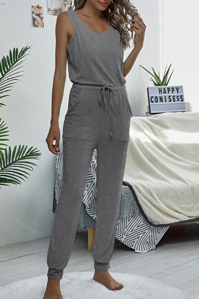 Fashion Casual Solid Frenulum O Neck Straight Jumpsuits