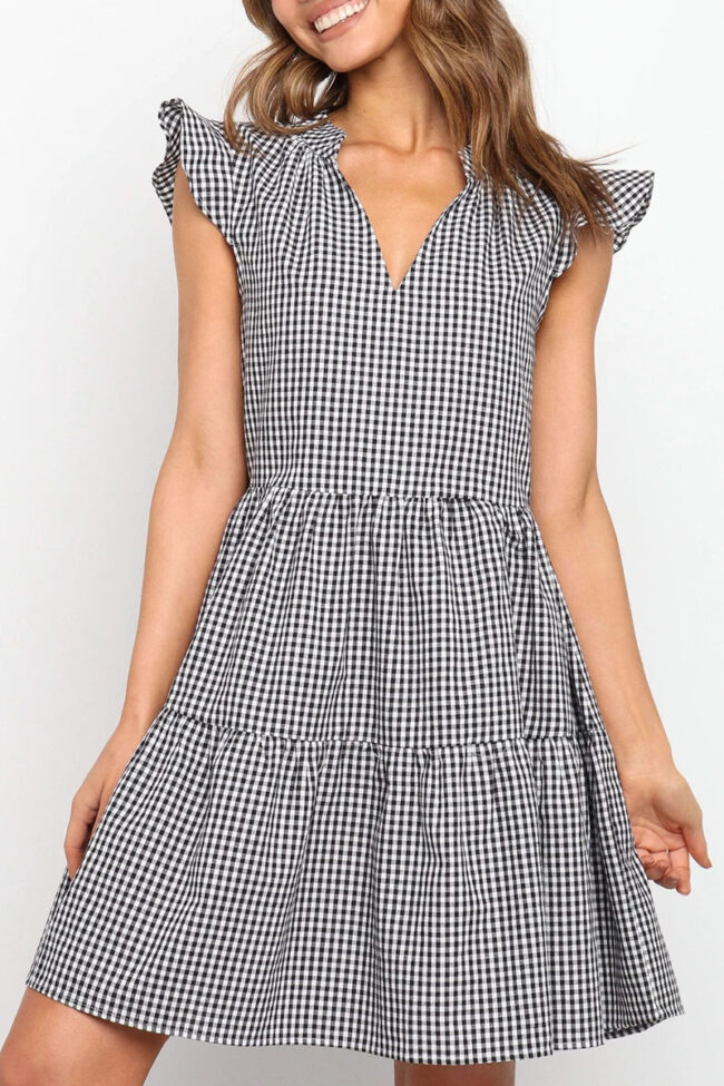 Fashion Street Plaid Split Joint V Neck A Line Dresses