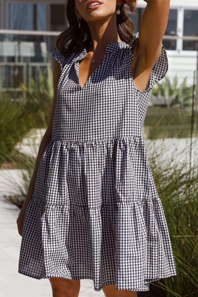 Fashion Street Plaid Split Joint V Neck A Line Dresses