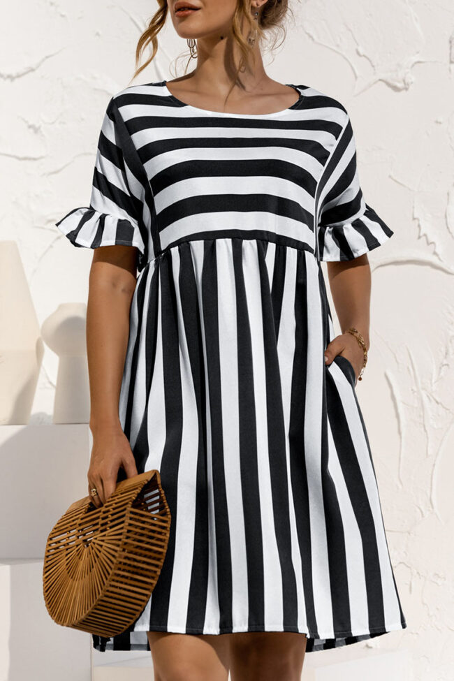 Fashion Casual Striped Split Joint O Neck A Line Dresses