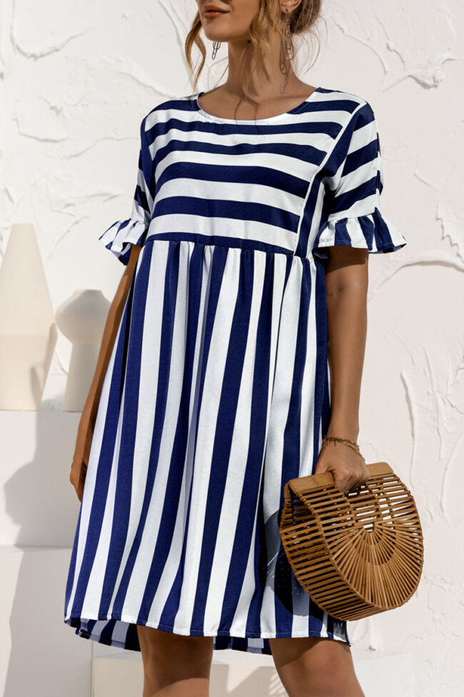 Fashion Casual Striped Split Joint O Neck A Line Dresses