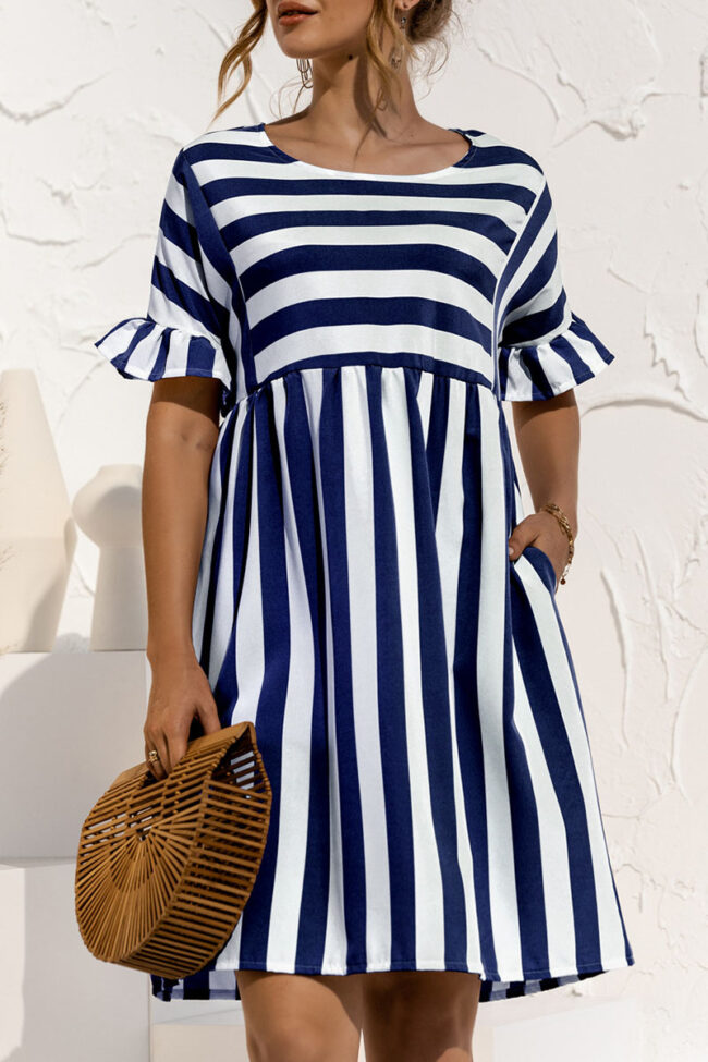 Fashion Casual Striped Split Joint O Neck A Line Dresses